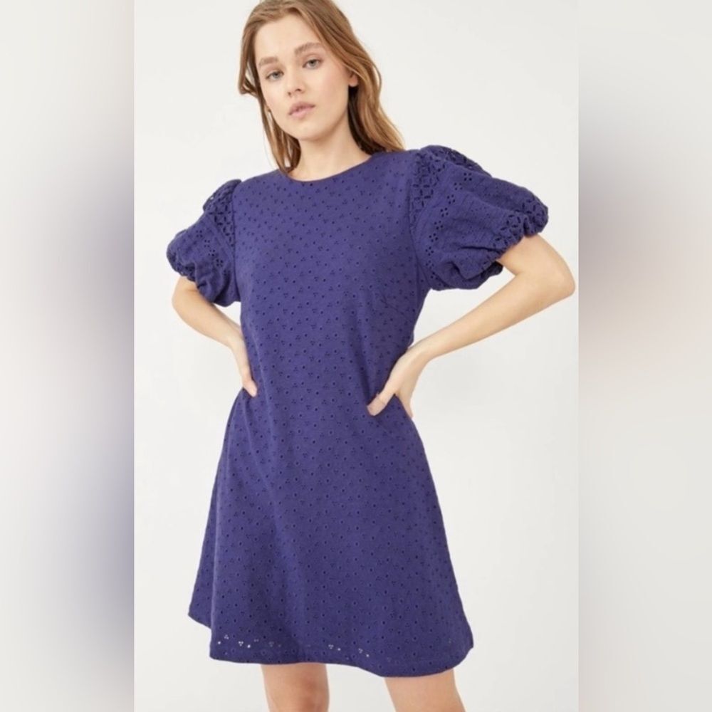 Free People Apricot Rose Eyelet Mini Dress Blue Puff Sleeve 100% Cotton Large
